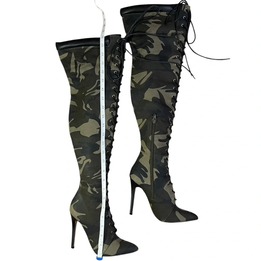 Over The Knee Camo Heels Lace Up Boots | Clubwear Statement Shoes